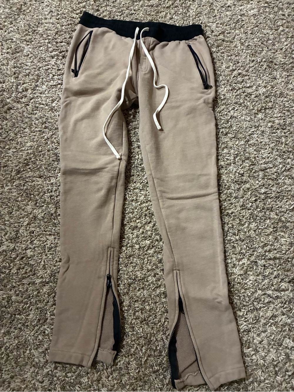 Essentials Tan Joggers with Black Waistband & White Drawstring